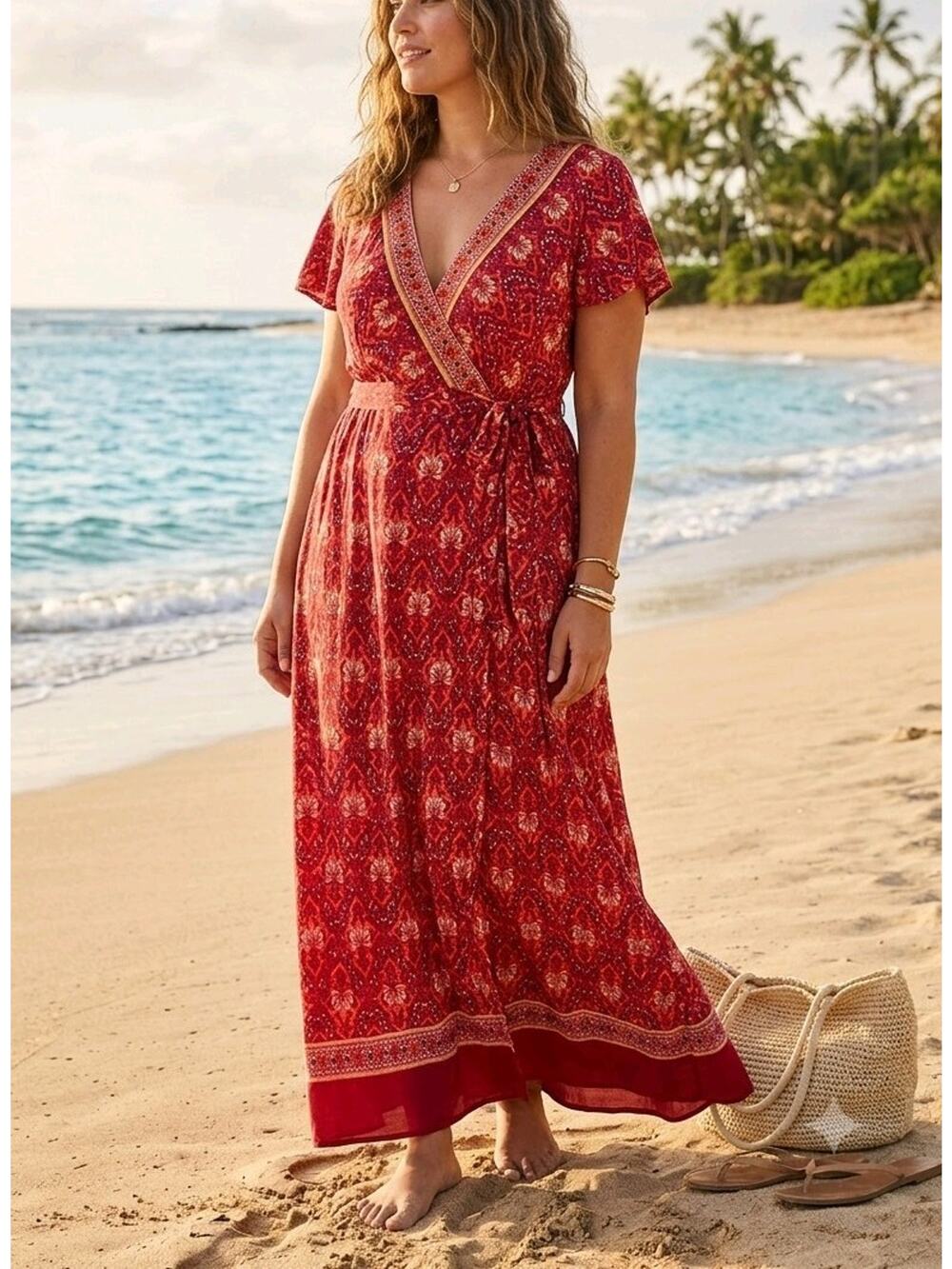 Women's Maxi Wrap Dress Size XL Red Floral Romantic Boho Beachy Feminine Coastal